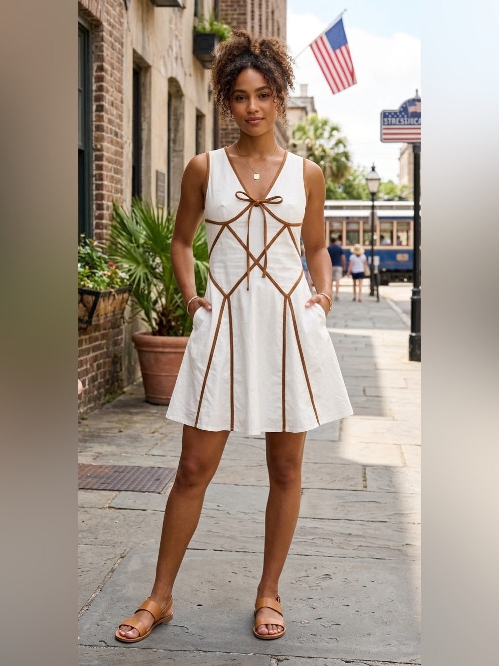 White and Brown Trim Sleeveless Fit-and-Flare Dress